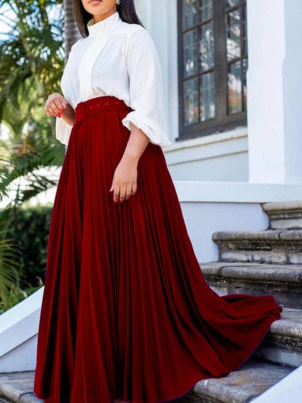Belted Pleated A-Line Midi Skirt - Solid Color Everyday Skirt